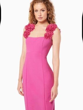 Elliatt Hot Pink Midi Sheath Dress with Floral Shoulder Accents NEW S